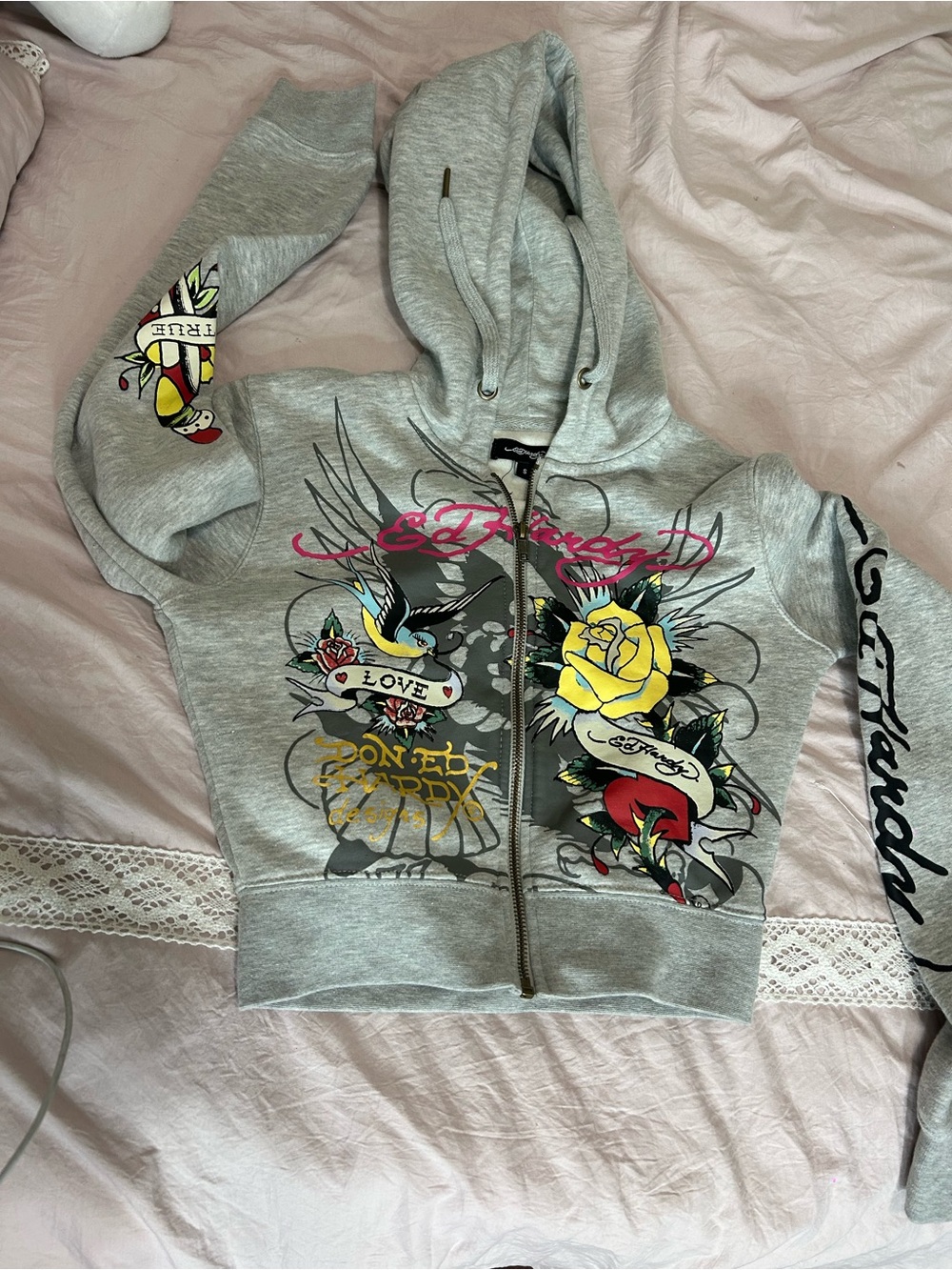 Ed Hardy Gray Zip-Up Hoodie with Tattoo Rose and Swallow Motif